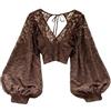 Generisch Camicetta alla moda senza schiena in pizzo trasparente da donna dal taglio sottile, top corto con dettagli a legatura, perfetta per l'autunno.Camicia lunga bianca versatile ed elegante, caffè, Taglia