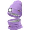 ATNKE LED Cappello con Luce e Sciarpe Abito, USB Ricaricabile 4 LED Luce Cappello da Corsa Invernale Calda Pile Foderato Scalda Collo e Berretto Lavorato Maglia Regali per Uomo e Donna/Taro Purple