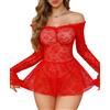 EVELIFE Lingerie Donna Sexy Babydoll in Pizzo con Spalle Scoperte e Maniche Lunghe Svasate Abito Corto Asimmetrico Intimo Elegante per Notte Romantica e Nozze