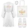 BBTO Set 4 Regali di Nozze Regali per Festa Nuziale Vestaglia da Sposa in Raso Bianco con Pizzo Dorato Borsa da Sposa Pantofole Elastico per Capelli Bianco per Matrimonio Fidanzarsi(XXL)