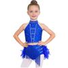 renvena Vestito da Ballo Latino Americano Bambina Strass Crop Top Danza Classica Moterna Canotta e Gonna con Piume Abito da Ballo Lirico Contemporaneo Blu Reale 5-6 Anni