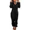 Geagodelia Pagliaccetto in Peluche da Donna Pigiama Intero Invernale Pile di Corallo Tuta a Maniche Lunghe Tutina Cerniera Felpe con Cappuccio in Peluche Indumenti da Notte (Nero, 5XL)