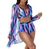 Generico Costume da Bagno Donna Set Bikini Donna Mare 3 Pezzi con Stampa Floreale Elegante Costume Intero Maniche Lunghe e Copricostumo