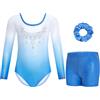Gogokids Body da ginnastica per ragazze, a maniche lunghe, con strass scintillanti, per danza con pantaloncini, per 3-12 anni, B-blu Gradiente, 11-12 anni