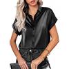 xxxiticat Camicia da donna in seta, a maniche corte, con scollo a V, elegante, casual, slim fit, tinta unita, Nero , M