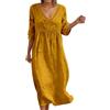 Generico abito donna estivo, Abito Estivo Donna in Lino - Veste Midi con Scollo a V e Maniche a 3/4, Dettaglio in Pizzo Traforato sulle Maniche, Vestibilità a Palloncino Morbida e Traspirante, Giallo XL