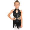iiniim Vestito da Ballo Latino Salsa per Bambina Body Senza Schienale Abito da Pattinaggio con Paillettes E Frange Costume da Ballo da Competizione Nero 7-8 Anni