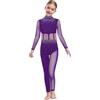 Agoky Tuta Intera da Pattinaggio Artistico Bambina Maniche Lunghe con Strass Body Danza Classica Balletto in Rete Trasparente Leotard da Ginnastica Yoga Jumpsuit A Viola 11-12 anni
