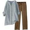 MJGkhiy Tuta Donna Completa Cotone Estiva Manica Lunga Lino Camicia con Bottoni + Pantaloni Larghi Completo Elegante Leggero Taglie Forti Tute da Ginnastica 2 Pezzi Comode Sportiva Completi Offerta