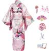 KRUIHAN Completo Yukata Kimono Donna Giapponese in Raso Setoso, 8 Pezzi in Scatola Regalo - Costume Geisha Elegante Motivo di Pavone Rosa, Abito Cosplay Anime per Carnevale, Feste, Festival, Fotografia