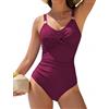 Nadeer Costume Intero Donna Contenitivo Pancia Curvy Costumi da Bagno con Scollo Incrociato e Metallo Modellante Swimsuit per Mare Piscina(Rosso Porpora,XXL)