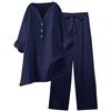 Generico Tuta Lino Donna Estiva Elegante Coordinato Larghi Camicia + Pantaloni Leggera Cotone E Lino Estivo Tute Da Ginnastica Primavera Curvy Set Due Pezzi Maniche 3/4 Jogging Traspirante Set Spiaggia