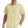 HISDERN Camicie Lino Uomo Manica Corta Estate Casual Solido Camicia Giallo per Spiaggia Vacanza con Bottoni Regular Fit 4XL