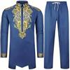 Generisch Uomo Caftano Etnico Robe 2 Pezzi Abiti Musulmani Abbigliamento Preghiera Africano Manica Lunga Dashiki Camicia e Pantaloni Set Medio Oriente Arabi Costumi Baggy Casual, Blu, M