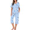 PrinStory Pigiama Donna Scollo a V Pigiama Manica Corta Top E Pantaloni Lunghi 3/4, Luna Stellare Blu, XXL