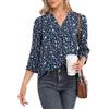 Anelune Top da donna casual in chiffon camicette top manica 3/4 scollo a V tunica top camicia allentata M-2XL, Fiore Blu Navy, L