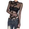 Generic Body da donna a maniche lunghe in rete velata con motivo a serpente trasparente, Beige, Large