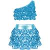 Freebily Vestito da Ballo Bambina Latino Americano Monospalla Abito da Ballo Tango Paillettes Crop Top Canotta + Gonna di Danza Classica Culottes Vestito da Pattinaggio Jazz Cielo Blu 5-6 Anni
