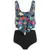 JMSUN Tankini da donna, set da 2 pezzi, motivo dinosauro, controllo pancia, con balze e vita alta, Nero, M
