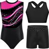 Aislor Set da Ginnastica in 3 Pezzi Bambina Strass Body Ginnastica Ritmica Leotards con Crop Top Canotta e Pantaloncini Shorts Abito da Pattinaggio Artistico Rosa 7-8 anni