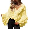 ZZEVOLSS Camicia da donna fluida con fiocco frontale e lacci, maniche lunghe, peplo in chiffon con volant a balze Y2K trasparente in mesh (chiffon giallo burro, Large)