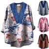 Generic Camicia di flanella da donna 2025 Natale a maniche lunghe giapponese tradizionale motivo geometrico stampato camicia casual da donna in cotone e lino con scollo a V camicia grande per le donne,