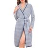 Vlazom Accappatoio Donna in Cotone Vestaglia a Righe Leggera e Confortevole con Cintura in Vita,Blu Navy,XL