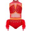 Aislor Vestito da Pattinaggio Artistico Bambina Body da Balletto Danza con Paillettes e Piume Body da Ginnastica Artistica Leotards Abito da Ballo Latino Jazz Rosso 5-6 anni