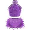 TiaoBug Abito da Pattinaggio Artistico Bambina Vestito da Balletto Ballo Latino Americano con Strass Crop Top Collo Halter Canotta + Gonna con Piume Body Danza Classica Viola 5-6 Anni