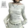 SQYZRZ Women Long Sleeve Fitted 2000s Goth Emo Music Shirt Grunge off Shoulder Tops Teen Girls Vintage Y2k Graphic T-Shirt (White,XL)