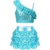 iEFiEL Tuta Lucido da Danza Jazz per Bambina Ragazza Tank Top Canotta Gonna Pantaloncini in Paillettes Tuta da Prestazioni sul Palco Performance Dancewear Spettacolo Azzurro 5-6 Anni