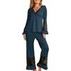 crazy bean Pigiama Donna Manica Lunga e Pantaloni in Pizzo Maglietta Scollo a V Maniche Lunghe con Volant Due Pezzi Leggero Elegante per Primavera Autunno Blu L