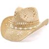 Poptrend Cappello da cowboy, cappello da cowgirl, cappelli da cowboy per donne/uomini, cappello da cowboy a tesa modellabile per donne, Beige e bianco., 7-7 3/8