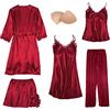 QraraZL Donna 5 Pezzi Set Pigiama in Raso, Set Pigiama Vestaglia in Pizzo, Pantaloncini Sexy Negligee e Pantaloni Lunghi Camicia da Notte 5 Pezzi, con Imbottiture sul Petto Rosso S