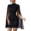 Gkaopi Vestito Donna Corto Sexy Maniche Lunghe Mini Abito Scollo Alto Aderente Abiti Elegante Nero Paillettes Vestiti da Sera Casual Bodycon Solid Tubino per Discoteca Cocktail Festa Party