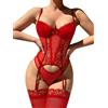 ssyyx, Set di Lingerie Sexy da Donna con Reggicalze in Pizzo, Body e Calze, X-Large