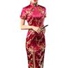 WheatThrive Cheongsam - Abito lungo da donna a maniche corte, stile Qipao cinese, con stampa retrò, elegante, slim fit (3XL, rosso scuro)