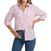 Enmain Camicia Donna Righe in Lino Manica Lunga Camicie con Bottoni in Cotone Classico Casual Bluse Estiva con Colletto a V e Tasche per Ufficio e Lavoro S-2XL