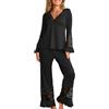 crazy bean Pigiama Donna Manica Lunga e Pantaloni in Pizzo Maglietta Scollo a V Maniche Lunghe con Volant Due Pezzi Leggero Elegante per Primavera Autunno Nero S