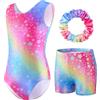 FILOWA Body Ginnastica Artistica Bambina Set di 3 Pezzi, 3-14 anni | Senza Maniche, Maniche Lunghe, Ginnastica Ritmica Completo, Pantaloncini e Fascia, Scintillante, Artistico Spettacolo Leotard