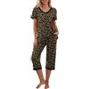 PrinStory Pigiama da donna a maniche corte, con maglietta e pantaloni con tasche, leopardato cachi scuro, M