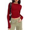 YILEEGOO Maglietta da donna a maniche lunghe con scollo rotondo in pizzo slim aderente casual t-shirt slim basic crop top, Rosso, S