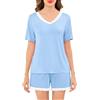 Sopesil Pigiama Donna Estivo in Modal Set Pigiama 2 Pezzi con Maniche Corte Scollo a V e Pizzo Tinta Unica Morbido Azzurro Chiaro,XL