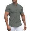URRU Camicia da uomo aderente con colletto a fascia, a maniche corte, stile casual, con bottoni