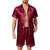 Lovasy Pigiama Uomo in Raso Estivo con Bottoni Davanti Pigiami Set Corta Scollo a V e Maniche Corte 2 Pezzi Seta Pigiama da Casa Leggero T-Shirt,A-Rosso Scuro,XL