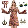 ELFIN Hippie - Abito da donna con scollo a V, stile hippie, 60 anni '70, hippie, con occhiali, fascia per capelli, collana, orecchini, abbigliamento da discoteca, Halloween, marrone, S