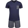 Winovia Pigiama corto da uomo, in 100% cotone, con scollo a V, a maniche corte e pantaloni corti a quadretti con elastico in vita, biancheria da notte traspirante e da casa per l'estate, Blu scuro, M
