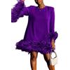 Generic Abito da Donna con Piume Abito da Sera Ampio con Scollo Rotondo a Maniche Lunghe di Lusso Abito da Festa a Tubino alla Moda da Donna-Viola-M