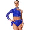 Freebily Body da Ginnastica Ritmica Donna Abito da Ballo Latino Tango con Piume Strass Abito Pattinaggio Artistico Crop Top Monospalla + Minigonna Costume da Danza del Ventre Blu Reale S