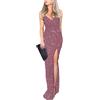 EasyByMall Abito da sera lungo da donna con paillettes lucide profondo scollo a V senza maniche, spacco alto, elegante da indossare per feste per club ed eventi formali (M rosa)